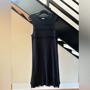 Women’s Black Knit Dress, Fringe Accents On Bodice and Hem, Near New, SizeM